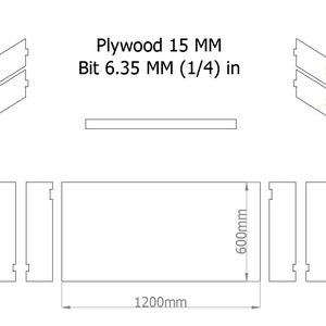 Może przedstawiać: Schemat pokazujący, jak przeciąć arkusz sklejki o wymiarach 1200 mm x 600 mm na mniejsze kawałki za pomocą wiertła o średnicy 6,35 mm. Schemat przedstawia wymiary i rozmieszczenie otwor&oacute;w wiertniczych.