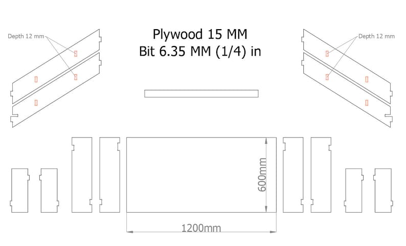Może przedstawiać: Schemat pokazujący, jak przeciąć arkusz sklejki o wymiarach 1200 mm x 600 mm na mniejsze kawałki za pomocą wiertła o średnicy 6,35 mm. Schemat przedstawia wymiary i rozmieszczenie otwor&oacute;w wiertniczych.