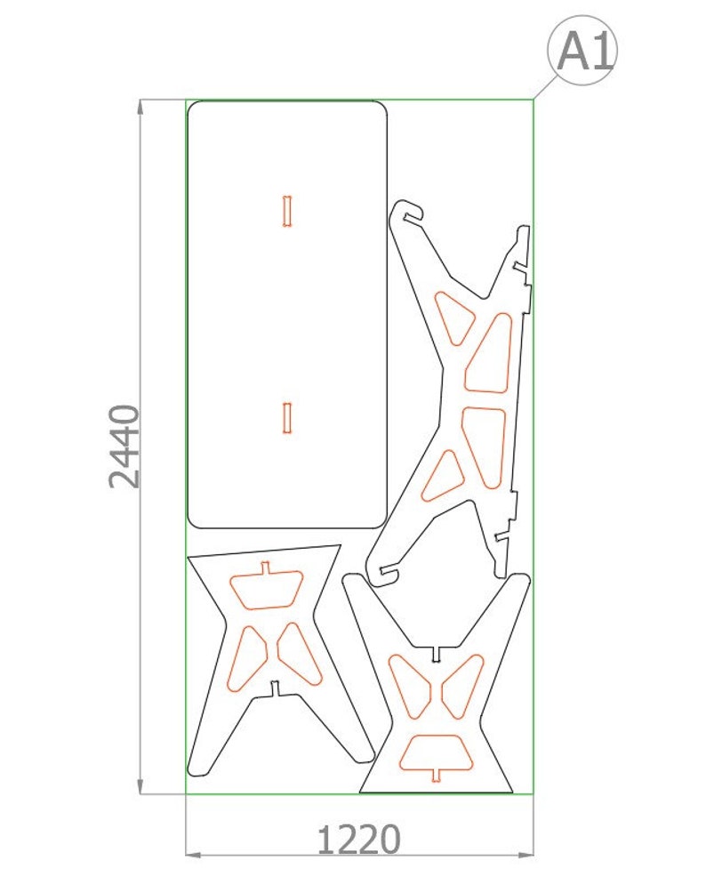 Pode incluir: Um desenho a preto e branco de um design de mobili&aacute;rio com a etiqueta "A1" num c&iacute;rculo. O design inclui um tampo de mesa retangular e duas pernas em forma de X. O tampo da mesa tem 1220 mm de largura e 2440 mm de altura.