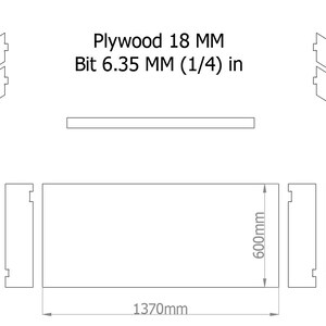 Może przedstawiać: Schemat pokazujący, jak ciąć płytę ze sklejki o wymiarach 1370 mm x 600 mm za pomocą wiertła o średnicy 6,35 mm. Schemat pokazuje rozmieszczenie otwor&oacute;w wiertniczych i głębokość cięcia.