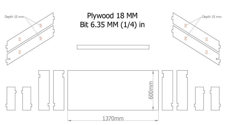 Może przedstawiać: Schemat pokazujący, jak ciąć płytę ze sklejki o wymiarach 1370 mm x 600 mm za pomocą wiertła o średnicy 6,35 mm. Schemat pokazuje rozmieszczenie otwor&oacute;w wiertniczych i głębokość cięcia.