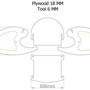 Peut inclure: Dessin au trait d'un projet de menuiserie avec des mesures en millim&egrave;tres. Le projet est r&eacute;alis&eacute; en contreplaqu&eacute; de 18 mm et n&eacute;cessite un outil de 6 mm. Le dessin montre la forme du projet et les dimensions des pi&egrave;ces.