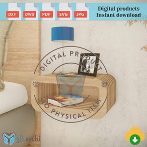 Puede incluir: Una estantería de pared de madera con un diseño curvo. La estantería tiene dos niveles y está hecha de madera marrón claro. Hay un libro, un marco de fotos y una lámpara en la estantería. El texto "DIGITAL PRODUCT NO PHYSICAL ITEM" está impreso en la estantería.