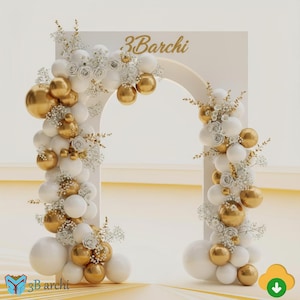 Pode incluir: Um arco decorativo com balões brancos e dourados, rosas brancas e detalhes florais. O arco tem um topo curvo e apresenta o texto "3Barchi" em dourado. Ideal para eventos especiais.