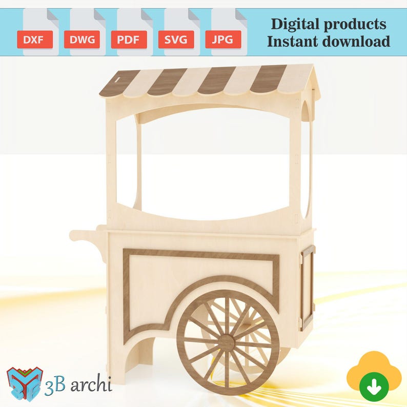 May include: A wooden vendor cart with a striped awning, spoked wheels, and decorative trim. The cart is light-colored with darker brown accents. Text at the top reads "Digital products Instant download".