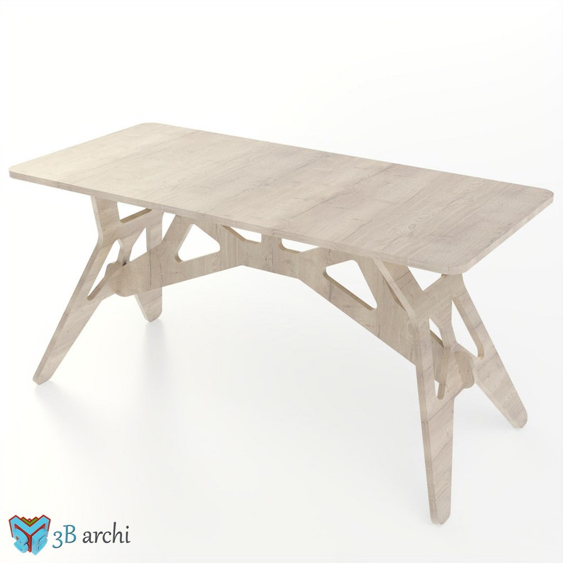 Pode incluir: Uma mesa de madeira clara com um design geom&eacute;trico &uacute;nico. A mesa tem um tampo retangular e quatro pernas feitas de uma &uacute;nica pe&ccedil;a de madeira.