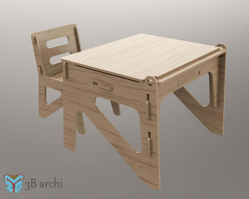 Kids Desk With Storage and Chair, Wood Study Desk for Children, dxf, SVG files, CNC Plans for a plywood kids desk, Set of Table and Chair image 4