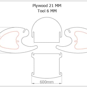 Peut inclure: Dessin au trait d'un mod&egrave;le de travail du bois pour une &eacute;tag&egrave;re avec le texte "Plywood 21 MM Tool 6 MM". L'&eacute;tag&egrave;re mesure 600 mm de large et 512 mm de haut.