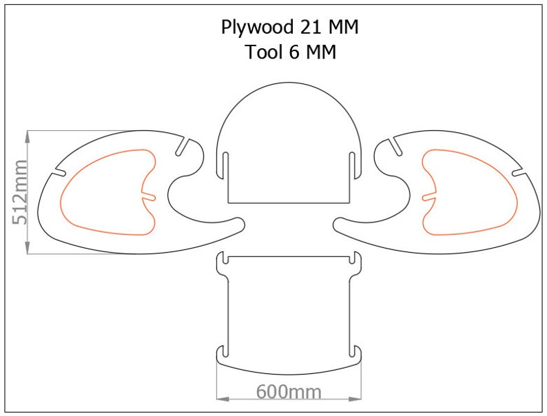Peut inclure: Dessin au trait d'un mod&egrave;le de travail du bois pour une &eacute;tag&egrave;re avec le texte "Plywood 21 MM Tool 6 MM". L'&eacute;tag&egrave;re mesure 600 mm de large et 512 mm de haut.