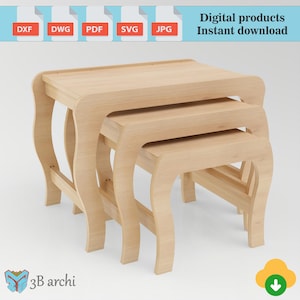 Tables Set of 3 Coffee Side Table, 3 Piece Nest of Tables, Vintage Side Tables, Tables Set dxf, CNC Files For Cutting, Vector files