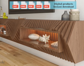 Puede incluir: Una estantería de pared de madera moderna con un diseño geométrico. La estantería tiene varios compartimentos y es perfecta para exhibir artículos decorativos. La estantería está hecha de madera marrón claro y tiene un acabado natural. La estantería está montada en una pared blanca.