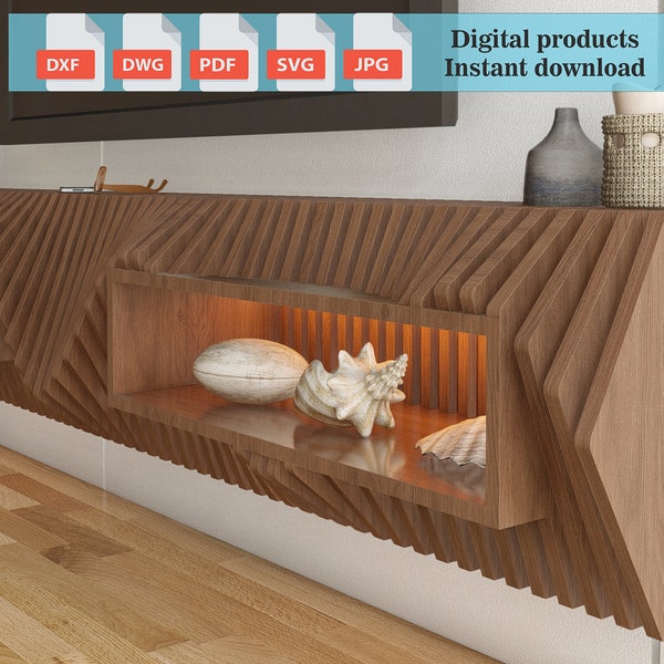 Parametric TV table, Mid-Century Modern TV Stand, Floating TV Table, modern tv stand plans, tv console, dxf plans, cnc files for cutting