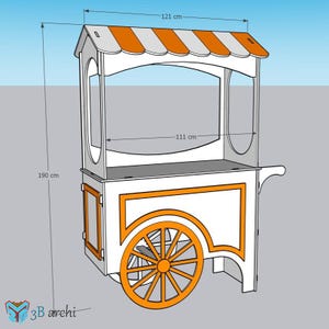 May include: A white and orange wooden cart with a striped awning. The cart has a large wheel and decorative orange trim. The cart is 190 cm tall, 121 cm wide, and the opening is 111 cm wide.