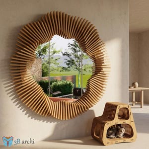May include: A round wooden mirror with a layered, sunburst design hangs on a wall. A matching cat house with multiple openings sits below. A cat rests inside the cat house. The logo "3B archi" is in the bottom left corner.