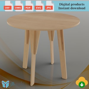 May include: A round wooden table with a simple design. The table has four legs that are angled inwards and meet at the center of the table top. The table is made of light wood and has a natural finish.