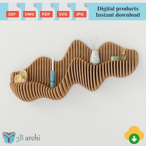 May include: A wooden wall shelf with a wavy design. The shelf has multiple levels and is decorated with small decorative items, including a candle, a vase, and a diffuser.
