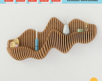 May include: A wooden wall shelf with a wavy design. The shelf has multiple levels and is decorated with small decorative items, including a candle, a vase, and a diffuser.