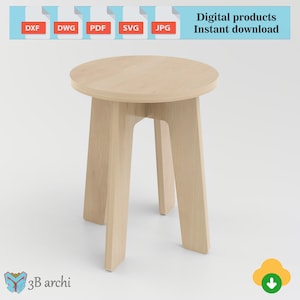 May include: A light-coloured wooden stool with a round seat and four angled legs. The stool is made of light-coloured wood and has a simple, modern design. The image also includes the text "Digital products Instant download".