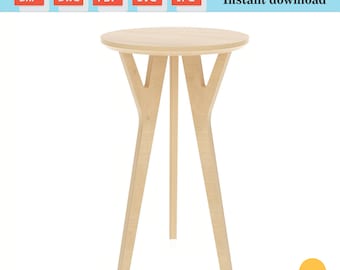 May include: A light-coloured wooden side table with a circular top and three angled legs that branch out from a central support. The image includes text indicating digital products and instant download for DXF, DWG, PDF, SVG, and JPG files.