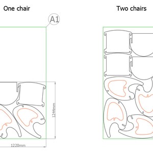 Peut inclure: Diagramme montrant comment d&eacute;couper des morceaux de bois pour faire une chaise. Le diagramme montre les pi&egrave;ces n&eacute;cessaires pour une chaise et deux chaises. Les mesures sont en millim&egrave;tres. Le texte "Une chaise" et "Deux chaises" sont indiqu&eacute;s sur le diagramme.