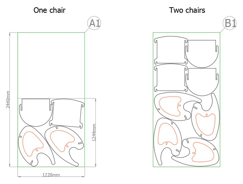 Peut inclure: Diagramme montrant comment d&eacute;couper des morceaux de bois pour faire une chaise. Le diagramme montre les pi&egrave;ces n&eacute;cessaires pour une chaise et deux chaises. Les mesures sont en millim&egrave;tres. Le texte "Une chaise" et "Deux chaises" sont indiqu&eacute;s sur le diagramme.