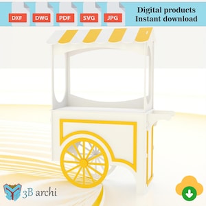 May include: A white and yellow cart with a striped awning, a large yellow wheel, and a decorative yellow trim. The cart has the text "Digital products Instant download" at the top. The logo for "3B archi" is at the bottom.