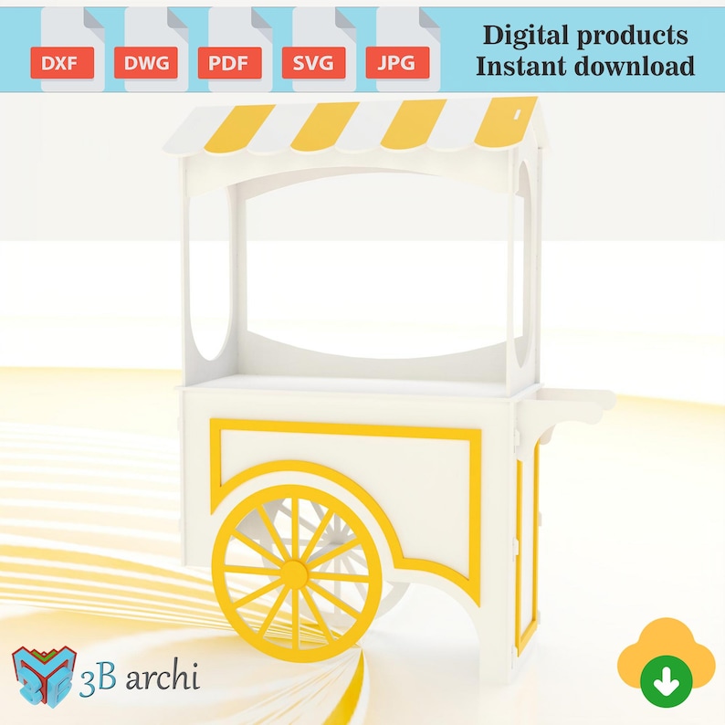 May include: A white and yellow cart with a striped awning, a large yellow wheel, and a decorative yellow trim. The cart has the text "Digital products Instant download" at the top. The logo for "3B archi" is at the bottom.