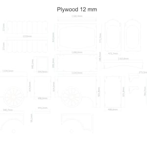 May include: A diagram of plywood pieces with dimensions in millimeters. The text "Plywood 12 mm" is at the top. Various shapes are outlined, including rectangles, curved pieces, and wheel-like designs, all labeled with measurements.
