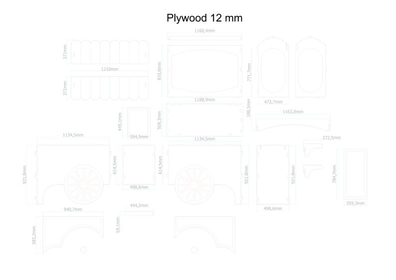 May include: A diagram of plywood pieces with dimensions in millimeters. The text "Plywood 12 mm" is at the top. Various shapes are outlined, including rectangles, curved pieces, and wheel-like designs, all labeled with measurements.
