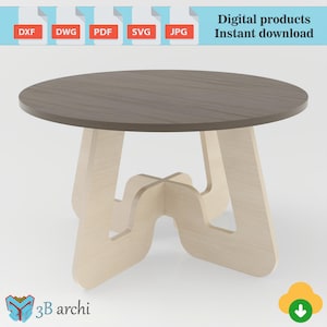 May include: A round wooden table with a light brown top and a unique, modern, light wood base. The base is made of four pieces of wood that are connected in a way that creates a cross shape. The table is perfect for a small space and would add a touch of modern style to any room.