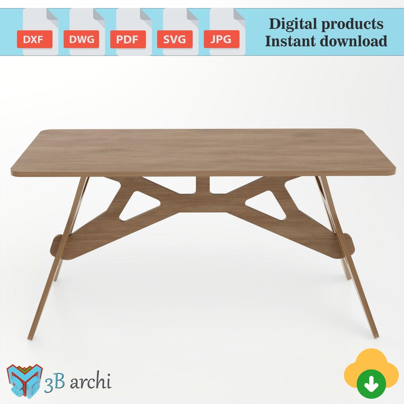 Pode incluir: Uma mesa de madeira com um design geom&eacute;trico &uacute;nico para as pernas. A superf&iacute;cie da mesa &eacute; de cor castanho claro e as pernas s&atilde;o de um castanho mais escuro. A mesa est&aacute; sobre um fundo branco. Produtos digitais download instant&acirc;neo.