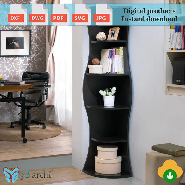 Corner Bookcase, Modern wall shelf, Tall corner bookcase,  Bookshelf plans, Modern corner bookshelf design, cnc router files, Digital Plans