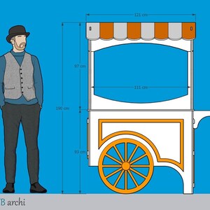 May include: A white and orange vendor cart with a striped awning, orange wheels, and a large display area. The cart is 121 cm wide, 97 cm tall, and 93 cm from the ground to the bottom of the cart. A person is standing next to the cart, 190 cm tall.
