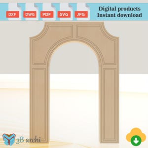 Könnte beinhalten: Ein hellbrauner, digital gerenderter Torbogenentwurf. Der Torbogen hat einen rechteckigen oberen Abschnitt und einen gebogenen Bogen. Das Bild enthält den Text "Digital products Instant download" und Dateityp-Symbole. Das Logo "3B archi" befindet sich unten links.
