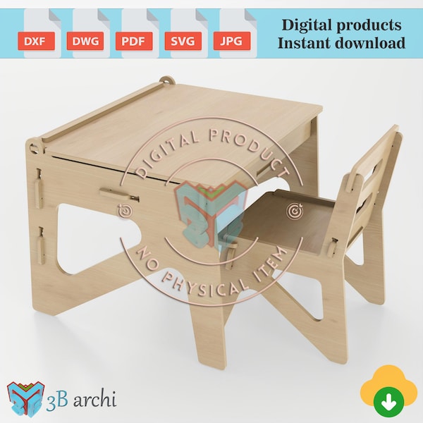 Kinderschreibtisch mit Stauraum und Stuhl, Schreibtisch aus Holz für Kinder, dxf, SVG-Dateien, CNC-Pläne für einen Kinderschreibtisch aus Sperrholz, Set aus Tisch und Stuhl