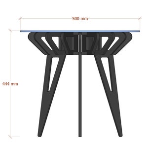 May include: A black table with a round glass top and three legs. The table is 500 mm wide and 444 mm tall.