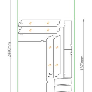 Może przedstawiać: Czarno-biały rysunek liniowy planu projektu mebla oznaczonego "A1". Plan przedstawia duży prostokątny mebel o wymiarach 1220 mm x 2440 mm i wysokości 1870 mm. Mebel jest podzielony na kilka przedział&oacute;w i p&oacute;łek.
