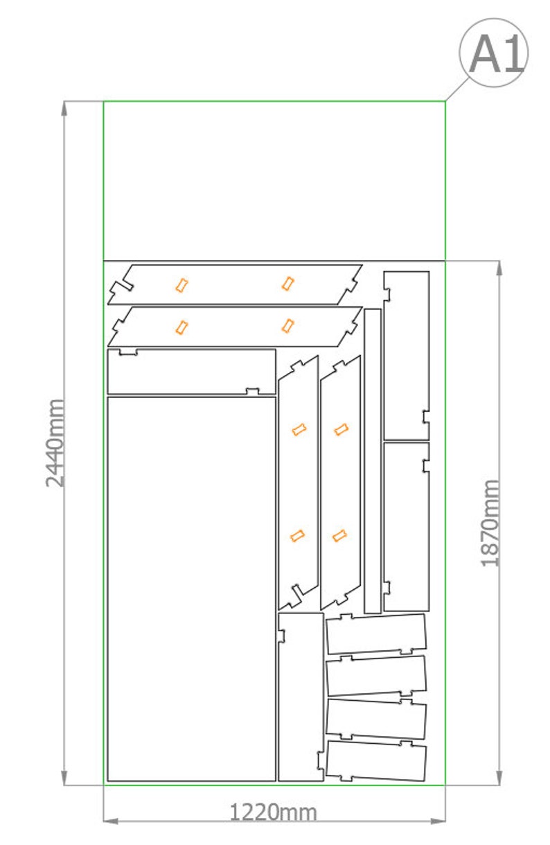 Może przedstawiać: Czarno-biały rysunek liniowy planu projektu mebla oznaczonego "A1". Plan przedstawia duży prostokątny mebel o wymiarach 1220 mm x 2440 mm i wysokości 1870 mm. Mebel jest podzielony na kilka przedział&oacute;w i p&oacute;łek.