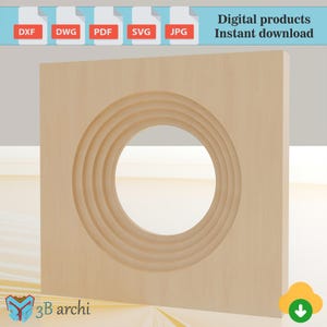 Puede incluir: Un panel cuadrado de madera clara que presenta un gran recorte circular en el centro con anillos concéntricos ranurados. La imagen incluye etiquetas de texto para los formatos DXF, DWG, PDF, SVG y JPG, junto con el texto Digital products Instant download.