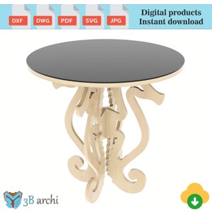 May include: A wooden table with a round, black tabletop and a base made of intricately carved seahorses. The table is made of light wood and has a natural finish. The table is a digital product for instant download.