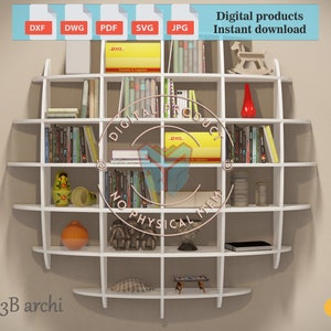 Könnte beinhalten: Weißes, an der Wand montiertes Bücherregal mit einem geschwungenen Design. Die Regale sind mit Büchern, Dekorationsartikeln und einem Schaukelpferd gefüllt. Der Text "Digitale Produkte Sofort-Download" befindet sich oben im Bild. Der Text "3B archi" befindet sich unten im Bild.