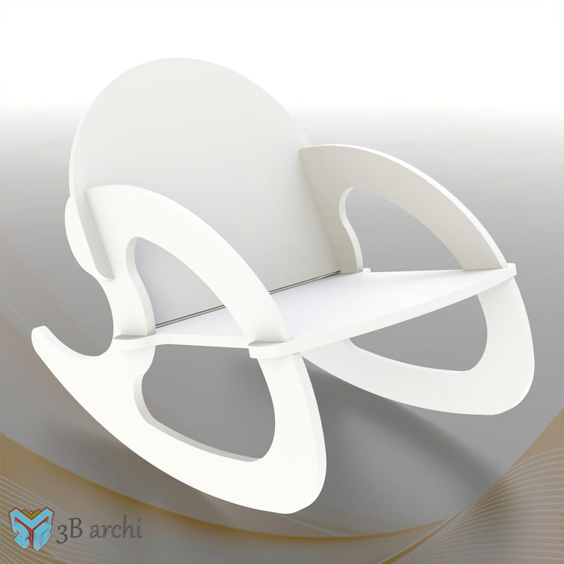 Peut inclure: Fauteuil &agrave; bascule blanc avec un dossier arrondi et un si&egrave;ge incurv&eacute;. Le fauteuil est en bois et pr&eacute;sente un design simple et moderne.