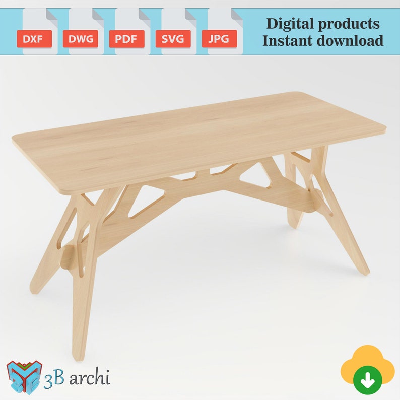 Pode incluir: Uma mesa de madeira clara com uma base geom&eacute;trica de estrutura aberta. A superf&iacute;cie da mesa &eacute; retangular e as pernas s&atilde;o inclinadas. A mesa &eacute; feita de madeira compensada e tem um acabamento de madeira natural. Produtos digitais download instant&acirc;neo.