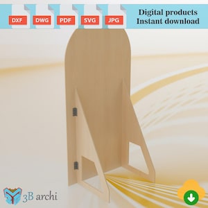 Puede incluir: Un expositor de madera clara con una parte superior curvada y soportes angulados. La imagen incluye iconos de tipo de archivo y el texto "Digital products Instant download". El logotipo "3B archi" está en la esquina inferior izquierda.