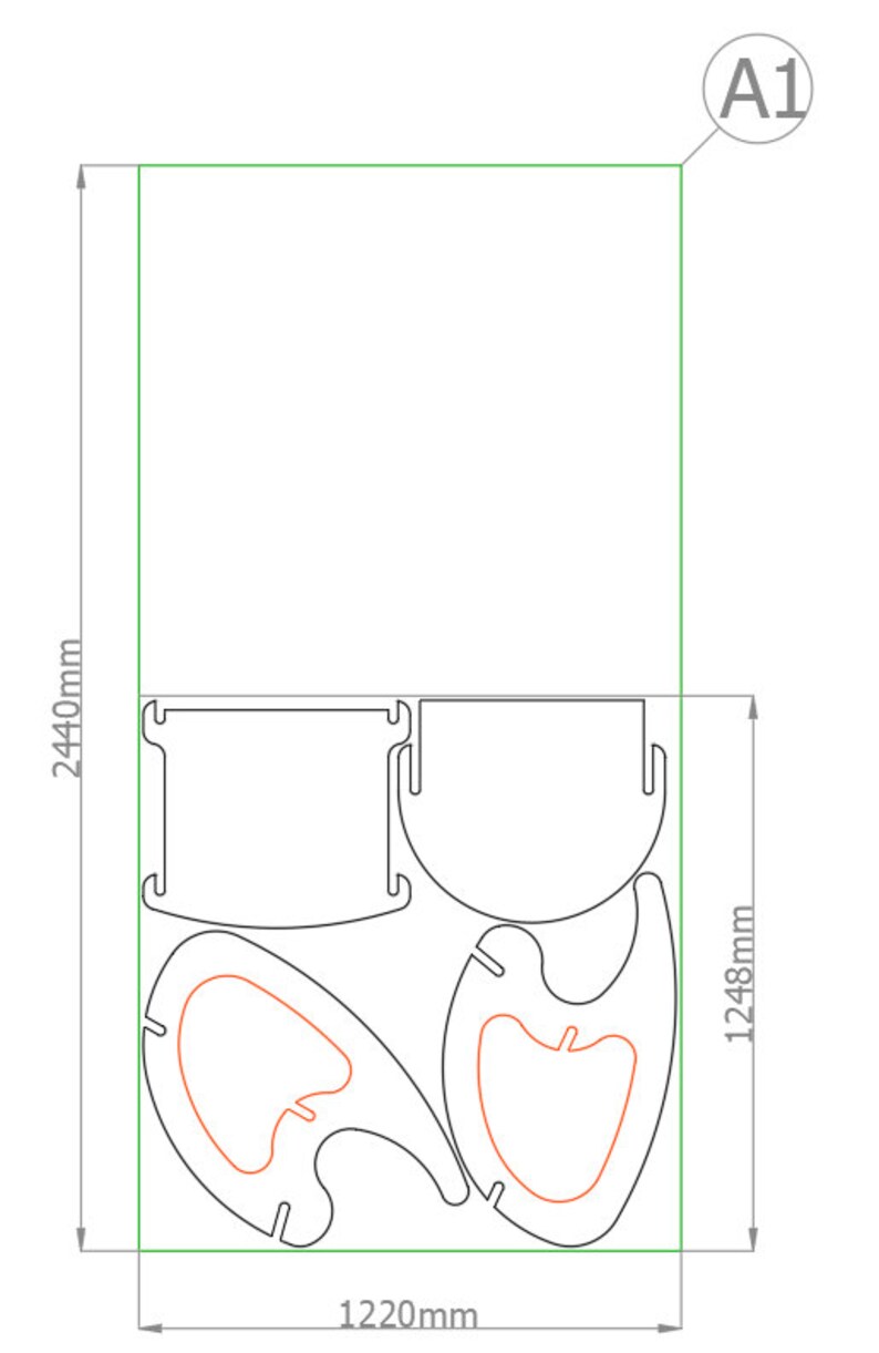 Peut inclure: Un dessin au trait noir et blanc d'un projet de menuiserie avec l'&eacute;tiquette "A1" et des mesures en millim&egrave;tres. Le projet comprend un cadre rectangulaire, une forme incurv&eacute;e et deux formes incurv&eacute;es plus petites.