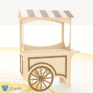May include: A wooden vendor cart with a striped awning. The cart features a large wheel on the side and decorative trim. The cart is made of light-colored wood with darker brown accents.