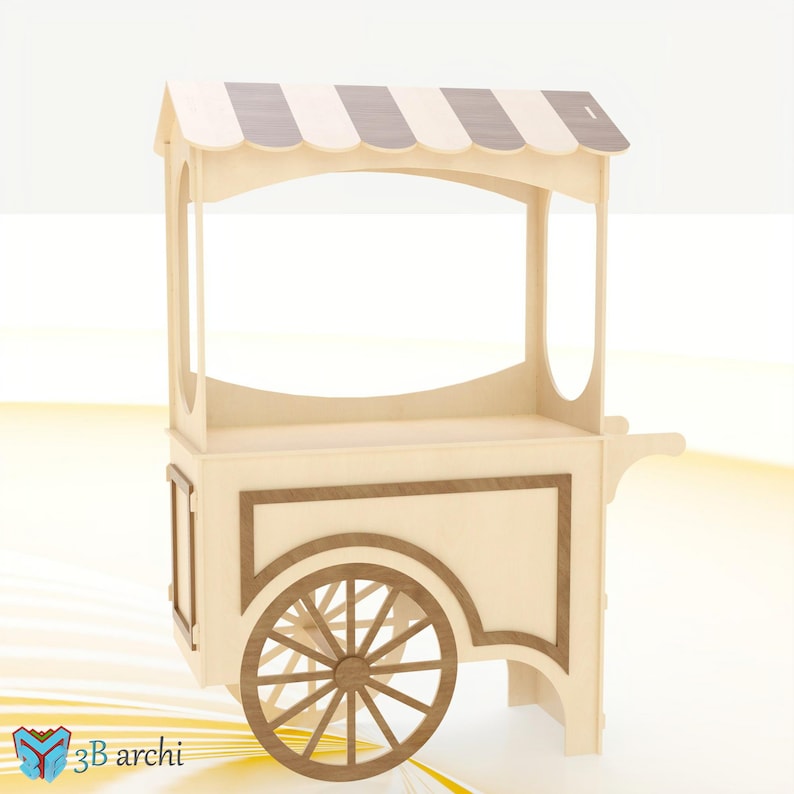 May include: A wooden vendor cart with a striped awning. The cart features a large wheel on the side and decorative trim. The cart is made of light-colored wood with darker brown accents.