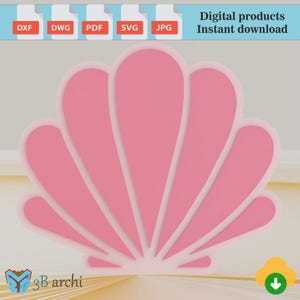 May include: A pink seashell design with a white outline. The image includes file type icons for digital products, such as DXF, DWG, PDF, SVG, and JPG. Text at the top reads "Digital products Instant download".