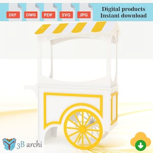 May include: A white and yellow cart design with a striped awning, a large yellow wheel, and a rectangular frame. The cart has a digital products instant download option. The cart is a 3D rendering.