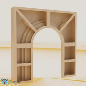 May include: A light brown wooden archway with geometric and curved cutouts. The arch features a central arched opening, with rectangular and triangular sections. The design includes layered semi-circular details and vertical rectangular openings.